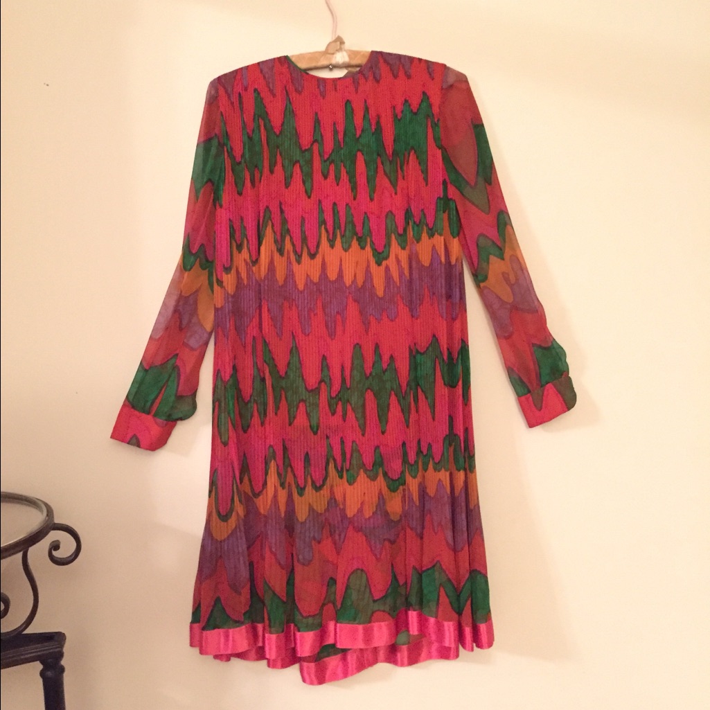 Pierre Cardin Multicolor WavePrint Midi Dress  Pink Green Orange Purple
